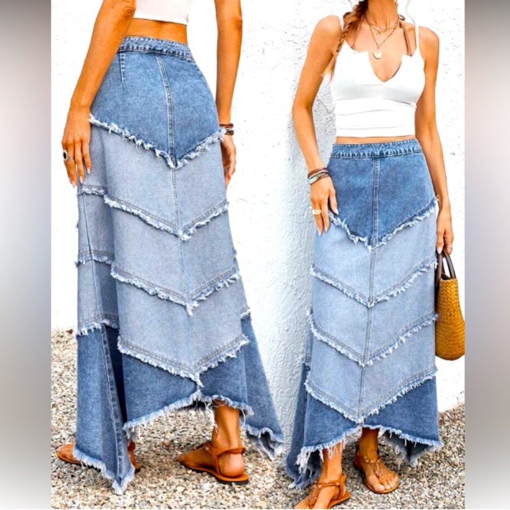 Denim Maxi Skirt with Frayed Hem